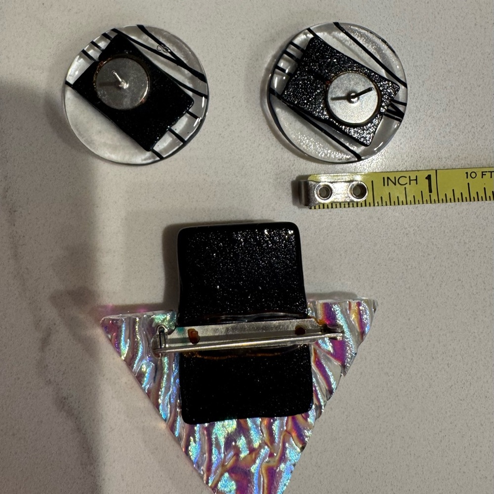 Iridescent Dichroic Glass Brooch and Earring Set with Blue and Black Accents - Picture 8 of 9